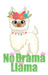 cute cartoon llama with an inscription no drama llama on a white background and cactus flowers
