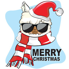 Happy holidays greeting card with cute white llama and santa hat. Vector hand drawn illustration.Print