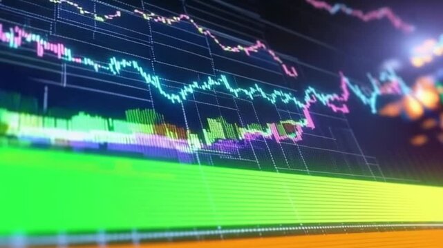 Colorful data graph with fluctuating lines and histogram bars