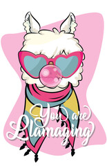 Cute white llama head in Sunglasses with bubblegum . Isolated on white background. Cartoon style