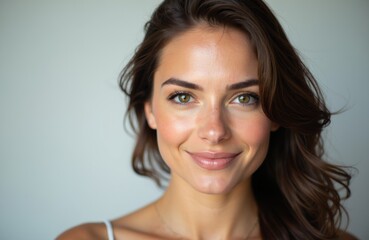 Obraz premium Woman with brown hair and green eyes smiling at camera