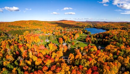 Aerial View of Beautiful Autumn Foliage in New England with a Scenic Lake