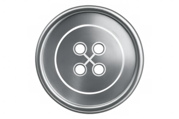 Close-up of a brushed metal button featuring four holes, isolated on a transparent background, creating a sleek and modern design