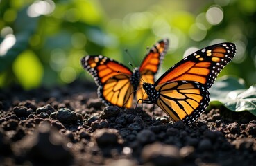 Fototapeta premium Two monarch butterflies rest on soil in a lush green garden with bright, natural sunlight illuminating their vibrant orange and black wings
