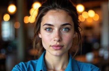 Fototapeta premium Woman with blue eyes and dark hair looks directly at camera in warm indoor setting