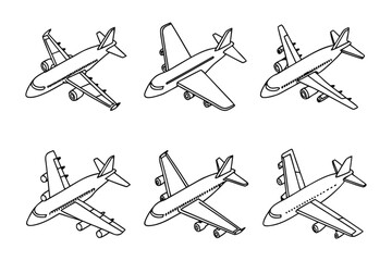 Airplanes Lineup Illustration: An array of meticulously illustrated airplanes showcased from varied perspectives, providing a comprehensive visual of an aircraft.