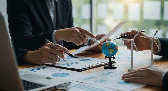 Business professionals engaged in an environmental analysis, examining financial and sustainable data with a globe and wind turbine models - Powered by Adobe