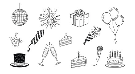 Celebration party elements including presents fireworks balloons cake and hats for festive occasions