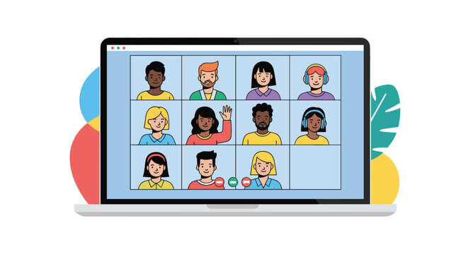 Virtual meeting with diverse group of people communicating online remotely