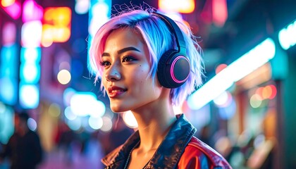 Asian woman with cyberpunk style headphones on a vibrant urban street at night