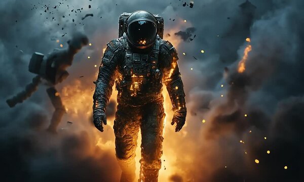 Astronaut engulfed in fiery cosmic debris