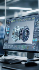 Vibrant photo of engineering designer design 3D CAD software program Industrial engine model mechanical dimensional digital manufacturing factory engineer computer screen. 3d.