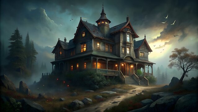 Eerie haunted house on a hill - Powered by Adobe