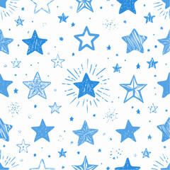 Blue colored seamless pattern with crayon drawn stars, sparks and sparkles. Hand drawn childish background