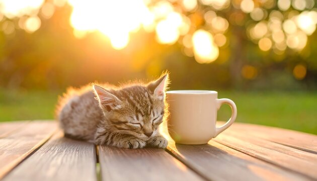 Cute kitten sleeping near a cup