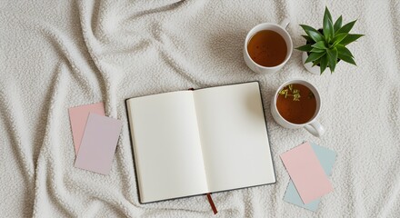 Top-Down Self-Care Flatlay Background with Journal, Tea, Blanket, Plant, and Affirmation Cards in Muted Tones