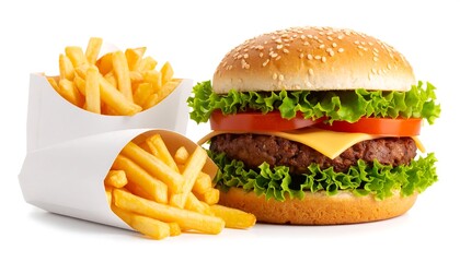 A juicy cheeseburger and crispy fries against a white background