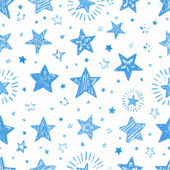 Blue colored seamless pattern with crayon drawn stars, sparks and sparkles. Hand drawn childish background