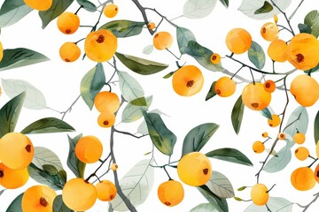 Watercolor loquat fruit pattern with vibrant green leaves and artistic branches creating fresh botanical design for organic nature themed projects and summer backgrounds