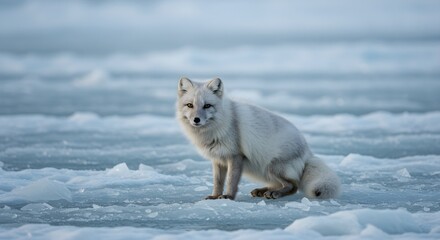 Naklejka premium Surreal background of an arctic fox blending into glacial ice with translucent fur, illustrating nature’s camouflage in boreal light