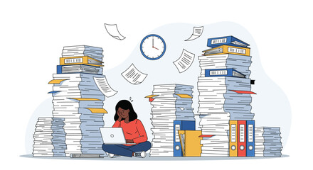 Overwhelmed office worker drowning in piles of paperwork under pressure
