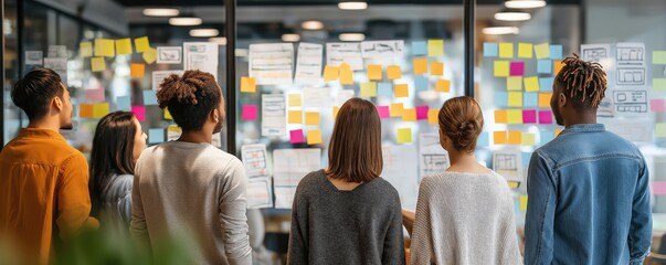 A diverse group of six people stand facing a glass wall covered in colorful sticky notes, collaborating in a modern office environment.