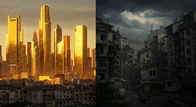 Editorial background of split city skyline with gold skyscrapers and decayed buildings, symbolizing global wealth inequality