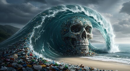 Environmental background of ocean wave curling into skull shape filled with plastic, symbolizing pollution and ecological death