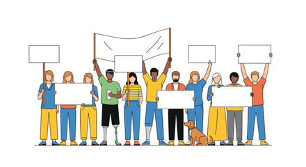 A diverse group of people holding blank signs and banners engaging in a peaceful demonstration advocating for change and unity amongst society