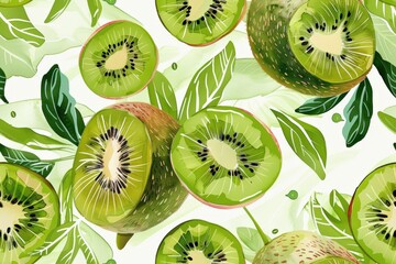 Fototapeta premium Vibrant watercolor kiwi fruit slices and lush green tropical leaves create fresh healthy seamless pattern background design perfect for summer and nutrition themes