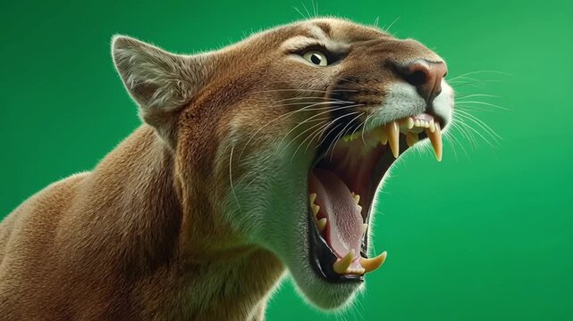 Close up of a snarling cougar with sharp teeth against a vibrant green colored background green screen animal video