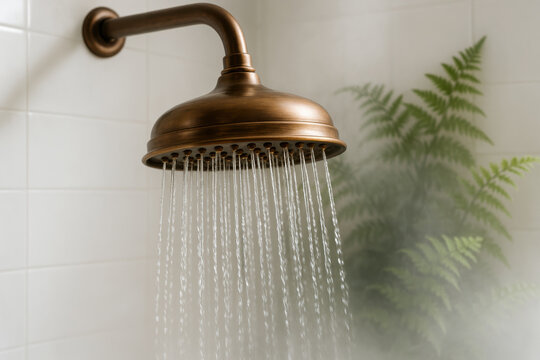 Modern bronze showerhead releasing hot water in contemporary bathroom with white tile wall and green fern in background - Powered by Adobe