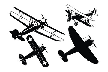 Vintage Aeroplane Collection: An aerial perspective showcases a collection of elegant biplanes in a monochrome portrayal. Each silhouette radiates classic design and the thrill of flight.
