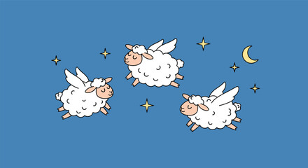 Whimsical illustration of three fluffy white sheep with delicate wings flying across a starry night sky under a crescent moon