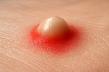 Fototapeta premium an inflamed pimple with a white head on the skin, red surrounding area, indicating a skin condition, acne inflammation, acne skin problem Background