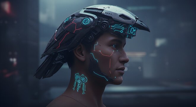 Background of female head with high-tech cybernetic bird scanning thought patterns through neural sensors, symbolizing futuristic mind surveillance