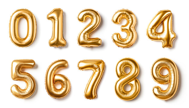 Set of gold foil number balloons from 0 to 9 arranged neatly on a white background