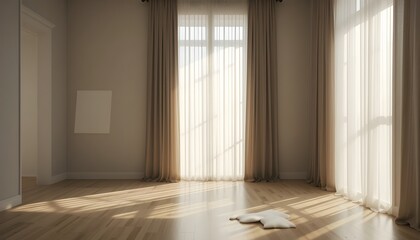 Obraz premium Gentle sunlight through sheer curtains in a minimalist room