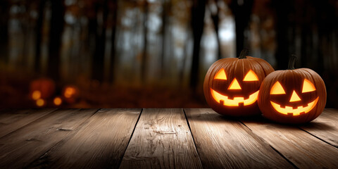Two carved pumpkins with glowing faces on a rustic wood table, set against a moody autumn forest backdrop—perfect for Halloween promotions, seasonal product placements, and spooky-themed content