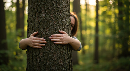 Embracing the natural world: A person hugging a tree in a serene forest setting. The scene evokes a sense of connection with nature. 