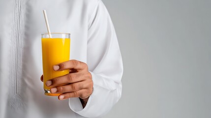 Close Up of a Arabian Man Hands Holding a Fresh Mango Juice &ndash; Suitable for Be Used in Blog Posts, Social Media Posts and Website Content Related to Summer, Foods and Beverages Theme.