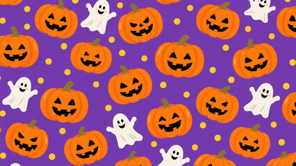 A vibrant Halloween-themed pattern featuring a playful mix of orange pumpkins and friendly white ghosts on a deep purple background. Halloween, Halloween Costumes, Halloween Background