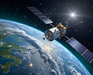A satellite orbits the earth in outer space