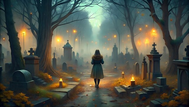 A woman walks through a foggy cemetery at night