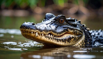 Fototapeta premium Captivating close-up of an American Alligator in its natural habitat in a swamp