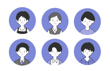 若者から高齢者まで様々な世代と職業の男性アイコン6種セット、PNG透過のバストアップイラスト素材｜若者,中年,高齢者,スーツ,私服,エプロン