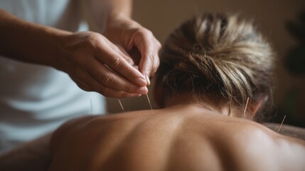 Fototapeta premium Acupuncture treatment for pain relief wellness center health service relaxing atmosphere close-up view alternative medicine