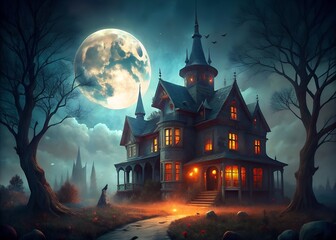 A haunted house under a full moon