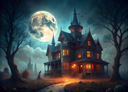 A haunted house under a full moon