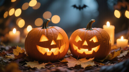 A warm Halloween scene featuring two glowing jack-o'-lanterns with carved, friendly faces. Halloween Costumes, Halloween Background, Happy Halloween